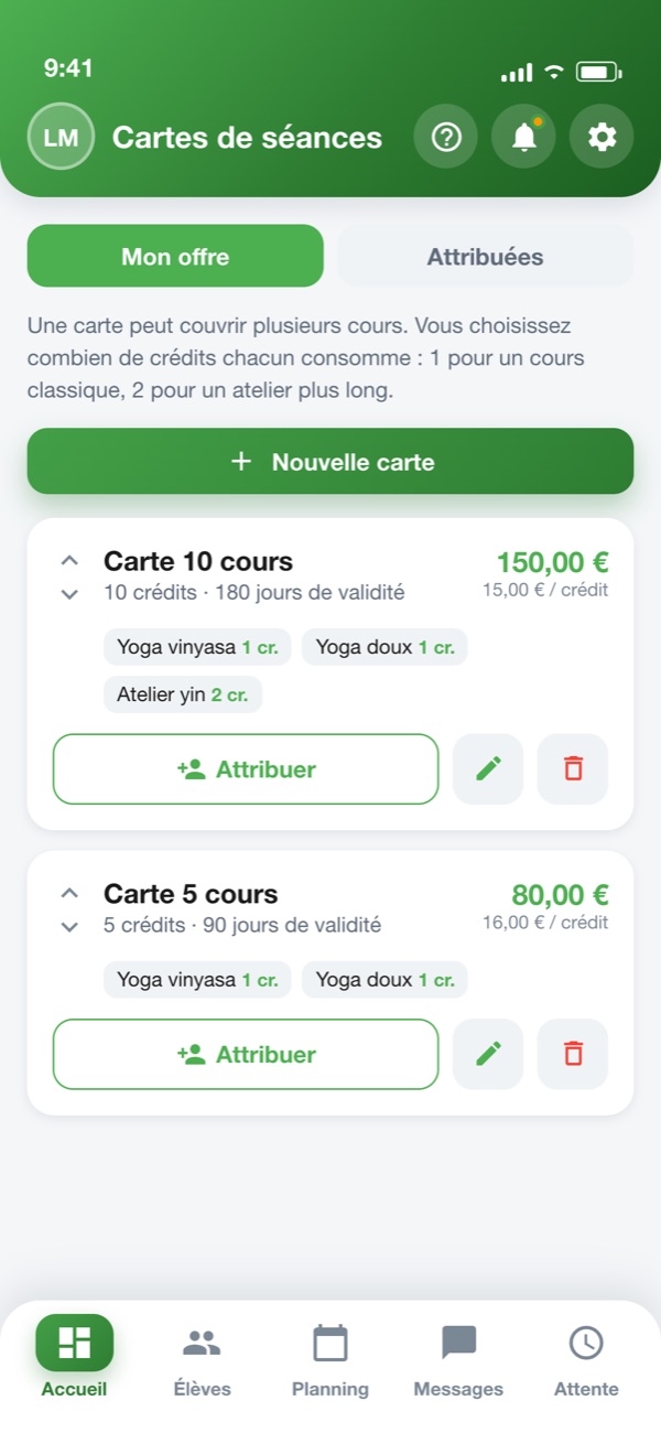 Offre de cartes de séances du praticien