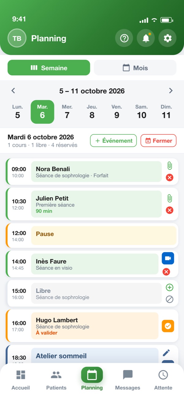 Agenda d'un sophrologue : séances individuelles, pause, visio, demande à valider et atelier