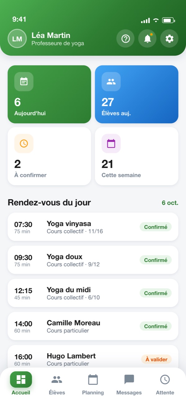 Tableau de bord d'une professeure de yoga, onglet Élèves